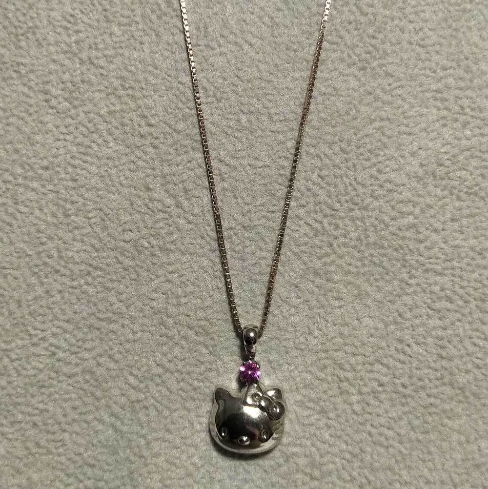 Hello Kitty Sterling Silver Necklace with Pink Gemstone